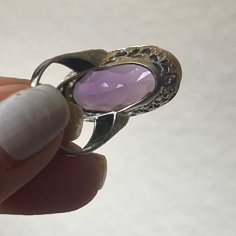 ANTIQUE 18K WHITE GOLD FILIGREE RING with FINE NATURAL AMETHYST,ART DECO,1920's - Picture 6 of 9